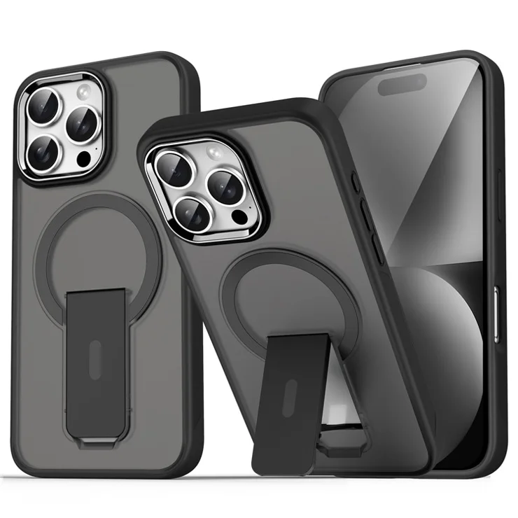 For iPhone 16 Pro Max Case Compatible with MagSafe PC + TPU Phone Cover with Kickstand - Transparent Black