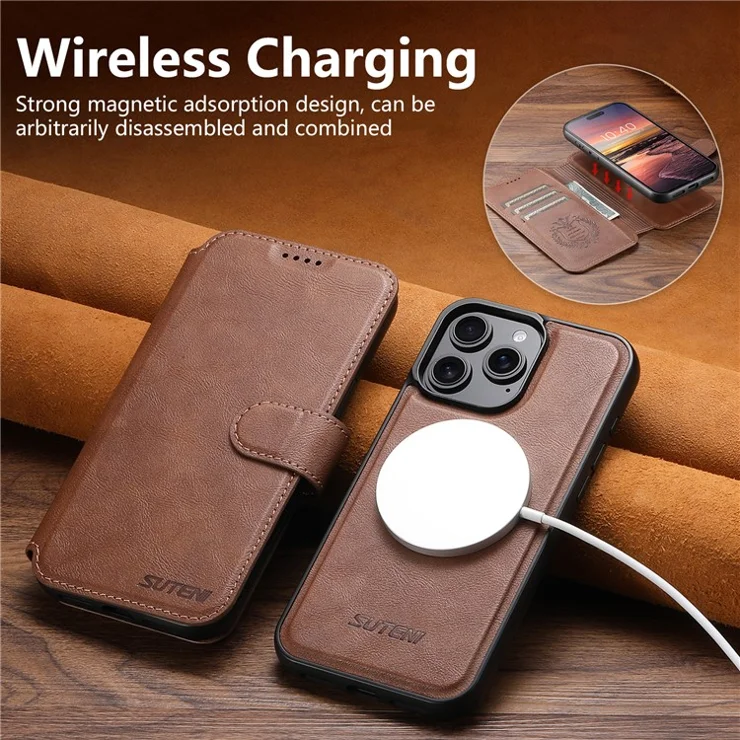 SUTENI Q-05 For iPhone 16 Pro Wallet Case 2 in 1 Detachable Leather Flip Phone Cover with Stand - Brown
