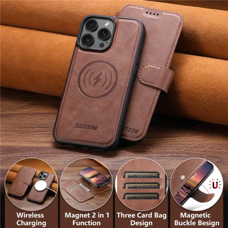 SUTENI Q-05 For iPhone 13 Pro Max Wallet Case 2 in 1 Detachable Leather Flip Phone Cover with Stand - Brown