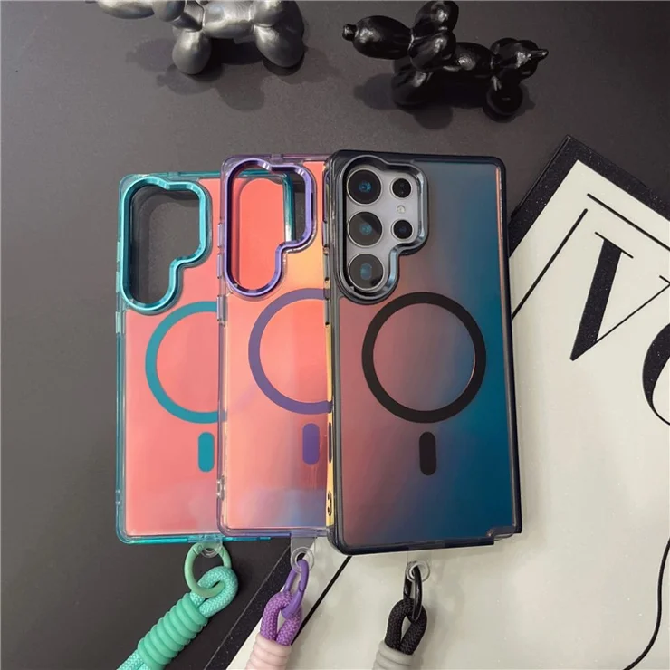 For Samsung Galaxy S25 Ultra Case Compatible with Magsafe Electroplated Laser TPU + PC Phone Cover with Wrist Strap - Colorful White