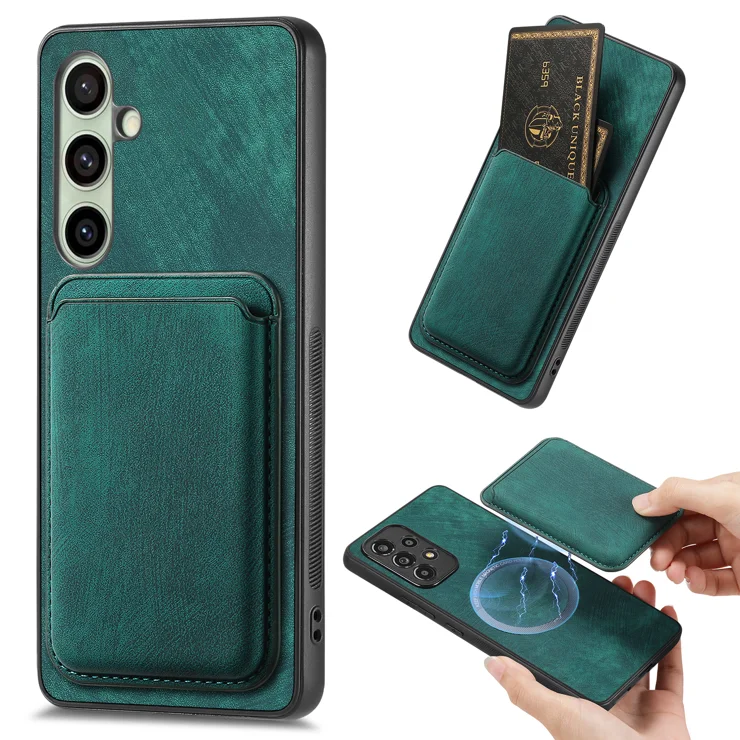 For Samsung Galaxy S25+ Case Compatible with MagSafe Leather Back Cover with Detachable Card Holder - Green