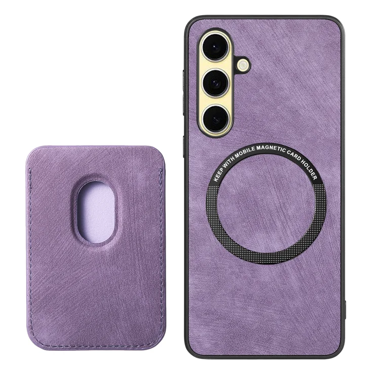 For Samsung Galaxy S25+ Case Compatible with MagSafe Leather Back Cover with Detachable Card Holder - Purple