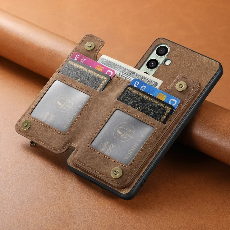 For Samsung Galaxy A26 5G Case with Zipper Card Holder Retro Leather TPU Phone Cover - Brown