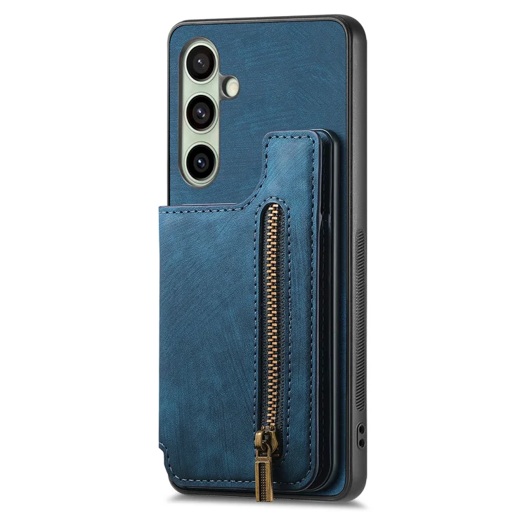 For Samsung Galaxy S25 Case with Zipper Card Holder Retro Leather TPU Phone Cover - Blue