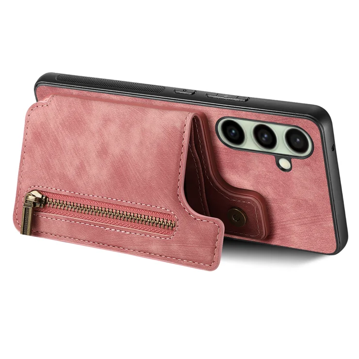 For Samsung Galaxy S25+ Case with Zipper Card Holder Retro Leather TPU Phone Cover - Pink