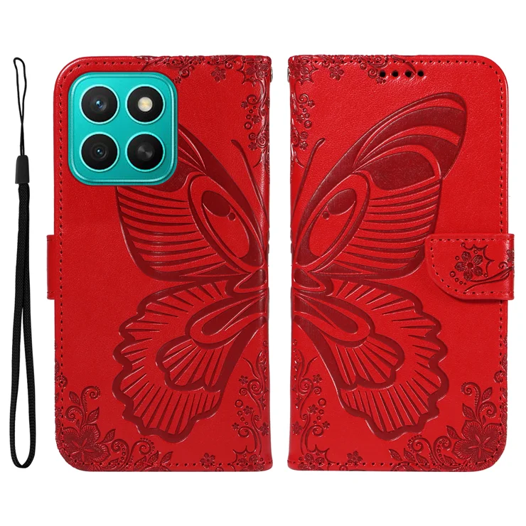 For Honor X8c 4G Case Butterfly Pattern PU Leather Folio Flip Phone Cover - Red