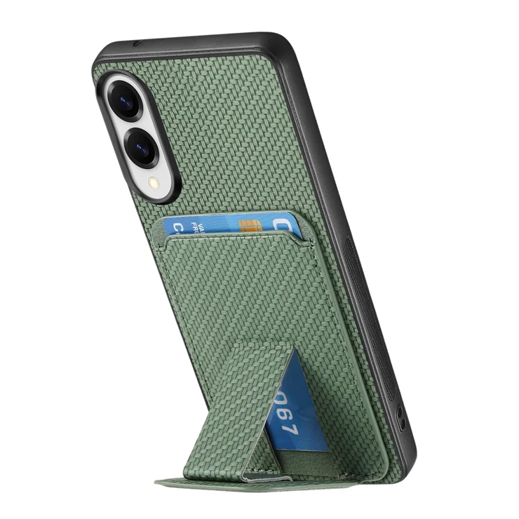 For Samsung Galaxy S25 Edge Case Card Holder Carbon Fiber Texture Leather Coated TPU Phone Cover - Green