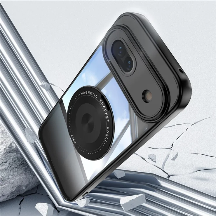 For Google Pixel 8a Magnetic Case PC + TPU Phone Cover with Rotating Metal Kickstand, Lens Protector - Black