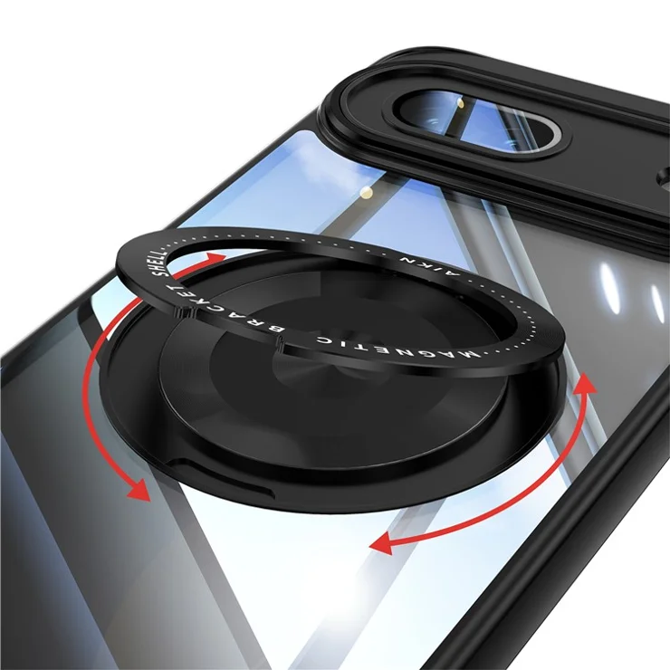 For Google Pixel 8a Magnetic Case PC + TPU Phone Cover with Rotating Metal Kickstand, Lens Protector - Black