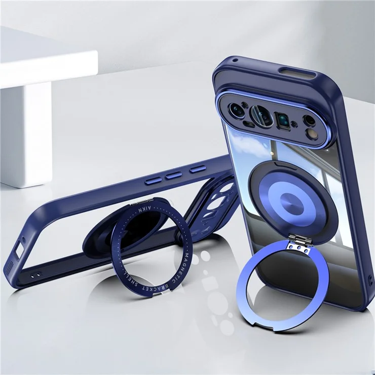 For Google Pixel 9 Pro Magnetic Case PC + TPU Phone Cover with Rotating Metal Kickstand, Lens Protector - Blue