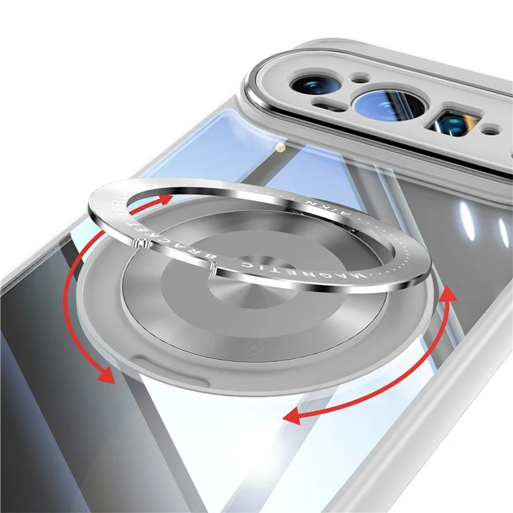 For Google Pixel 9 Pro Magnetic Case PC + TPU Phone Cover with Rotating Metal Kickstand, Lens Protector - Titanium Grey