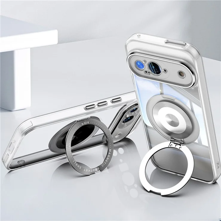 For Google Pixel 9 Magnetic Case PC + TPU Phone Cover with Rotating Metal Kickstand, Lens Protector - Matte White