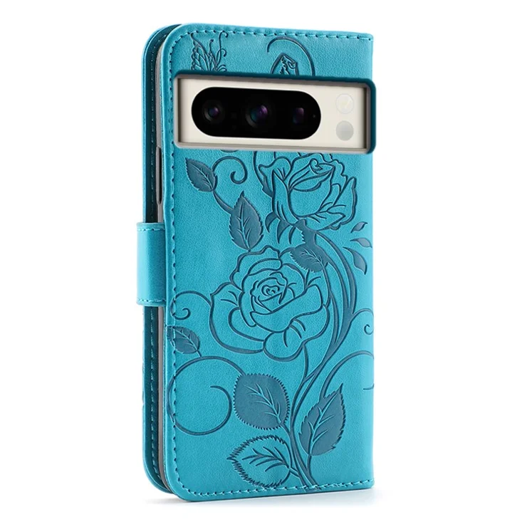 For Google Pixel 8 Pro Case Wallet Stand Imprinted Rose Butterfly PU Leather Phone Cover - Blue