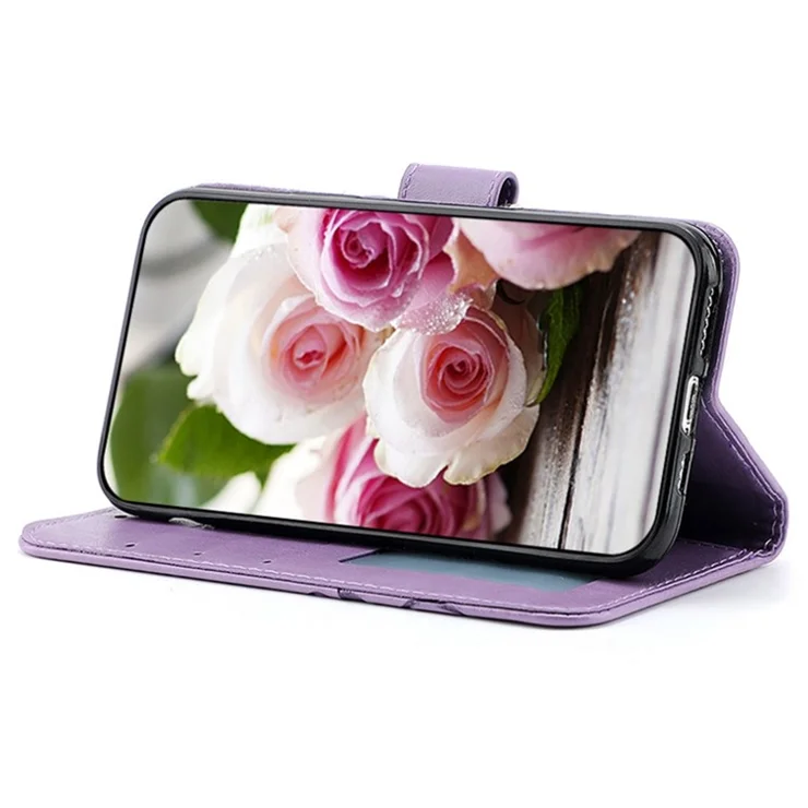 For Xiaomi Redmi Note 13 5G Case Wallet Stand Imprinted Rose Butterfly PU Leather Phone Cover - Purple