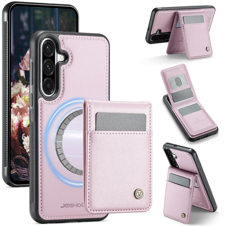 For Samsung Galaxy A36 5G Leather Back Cover Compatible with MagSafe JEEHOOD J06 Phone Case with Card Bag RFID Blocking - Pink