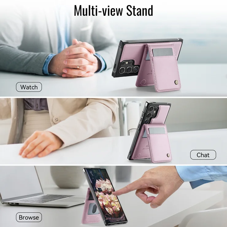 For Samsung Galaxy S25 Ultra Leather Back Cover Compatible with MagSafe JEEHOOD J06 Phone Case with Card Bag RFID Blocking - Pink