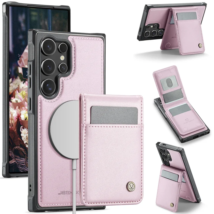 For Samsung Galaxy S24 Ultra Leather Back Cover Compatible with MagSafe JEEHOOD J06 Phone Case with Card Bag RFID Blocking - Pink