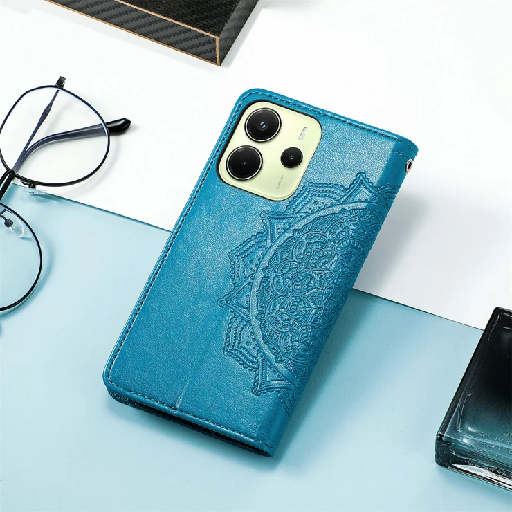 For Xiaomi Redmi Note 14 4G (164.84x78.15x8.16mm) Wallet Case Mandala Flower Leather Phone Cover Stand - Blue
