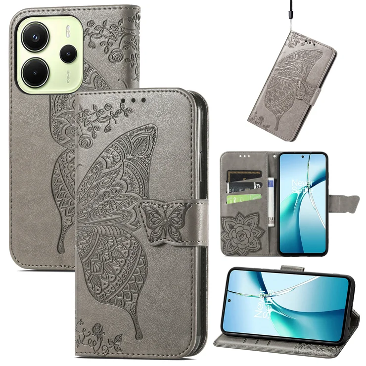 For Xiaomi Redmi Note 14 4G (163.25x76.55x8.16mm) Case with Strap Butterfly Pattern PU Leather Wallet Phone Cover - Grey