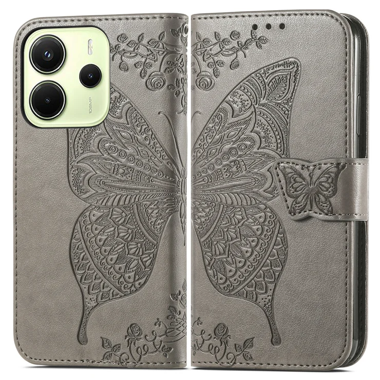 For Xiaomi Redmi Note 14 4G (163.25x76.55x8.16mm) Case with Strap Butterfly Pattern PU Leather Wallet Phone Cover - Grey