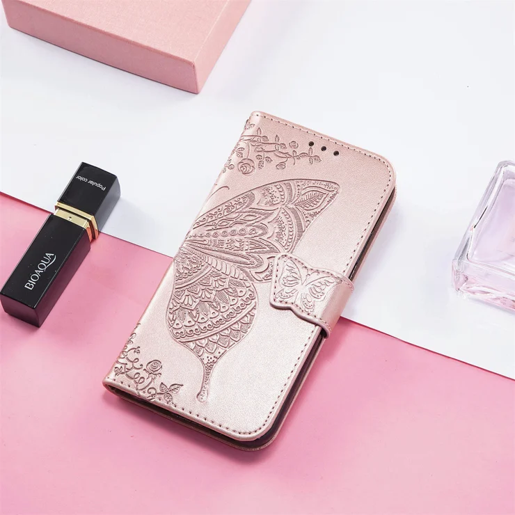For Xiaomi Redmi Note 14 4G (163.25x76.55x8.16mm) Case with Strap Butterfly Pattern PU Leather Wallet Phone Cover - Rose Gold