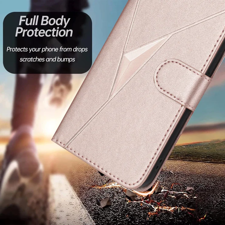 For Samsung Galaxy A35 5G Case Triangle Imprint Leather Phone Cover with Lanyard - Rose Gold