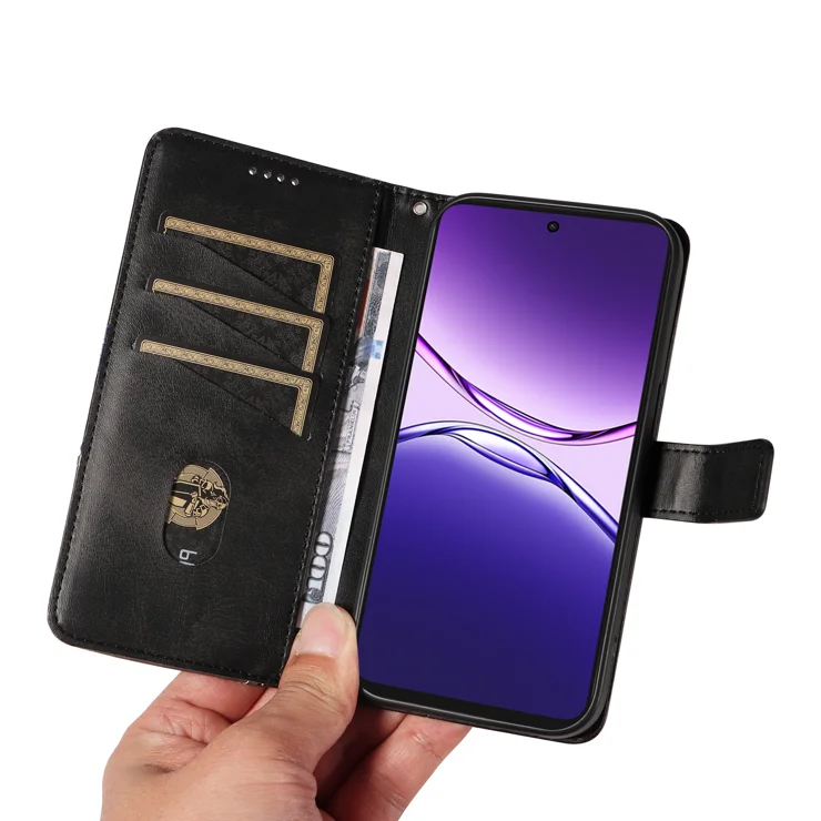 For Oppo A5 Pro 5G Leather Case Geometric Line Design Wallet Phone Cover with Wrist Strap - Black
