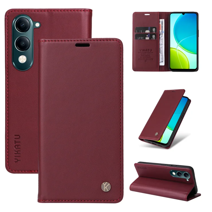 For vivo Y04 4G / vivo Y29s 5G Phone Cases YIKATU Magnetic Closure PU Leather Mobile Cover - Wine Red