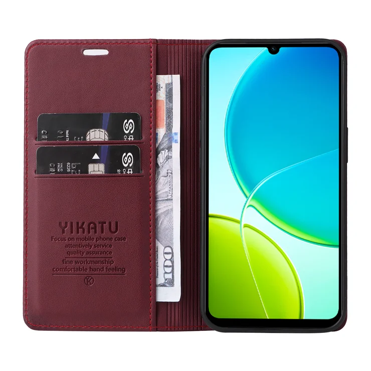 For vivo Y04 4G / vivo Y29s 5G Phone Cases YIKATU Magnetic Closure PU Leather Mobile Cover - Wine Red