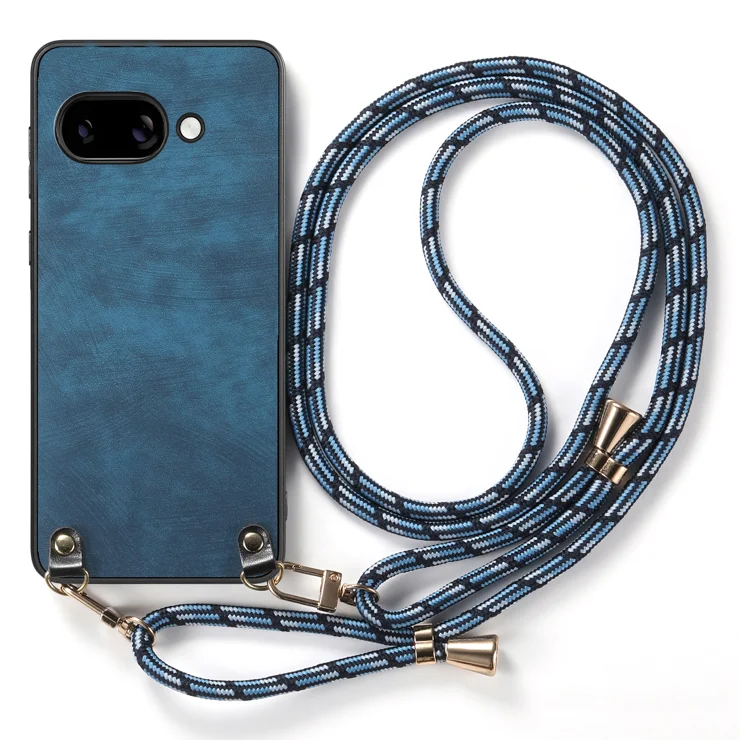 For Google Pixel 9a Retro Leather Phone Back Cover with Adjustable Strap - Blue