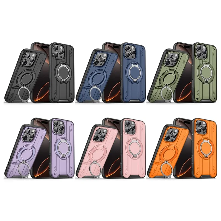 For iPhone 16 Pro Max Case Compatible with MagSafe Rotating Ring Kickstand PC + TPU Shockproof Phone Cover - Orange