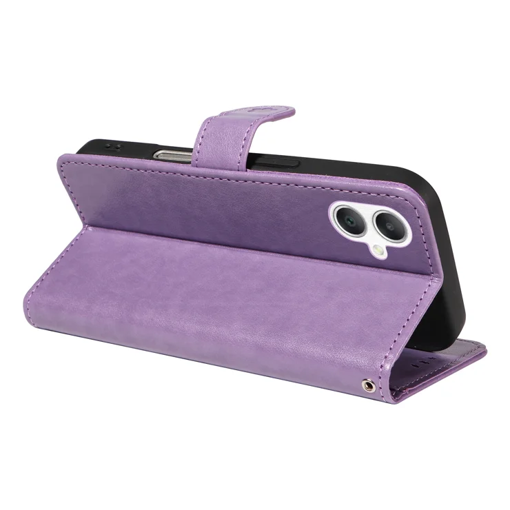 For Samsung Galaxy A06 5G / Galaxy A06 4G Leather Case Cat Bee Pattern Phone Cover Wallet Stand with Strap - Purple