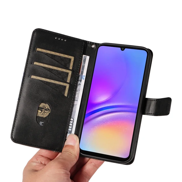For Samsung Galaxy A06 5G / Galaxy A06 4G Leather Case Geometric Line Design Wallet Phone Cover with Wrist Strap - Black