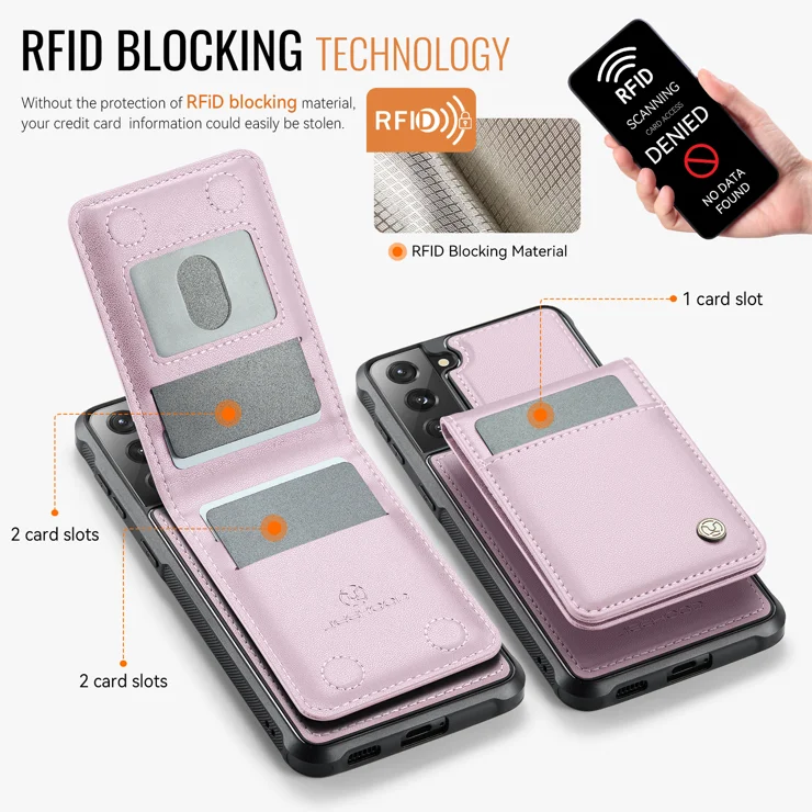 For Samsung Galaxy S21 FE 5G Leather Back Cover Compatible with MagSafe JEEHOOD J06 Phone Case with Card Bag RFID Blocking - Pink