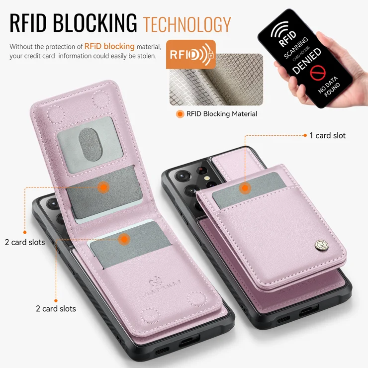 For Samsung Galaxy S21 Ultra 5G Leather Back Cover Compatible with MagSafe JEEHOOD J06 Phone Case with Card Bag RFID Blocking - Pink