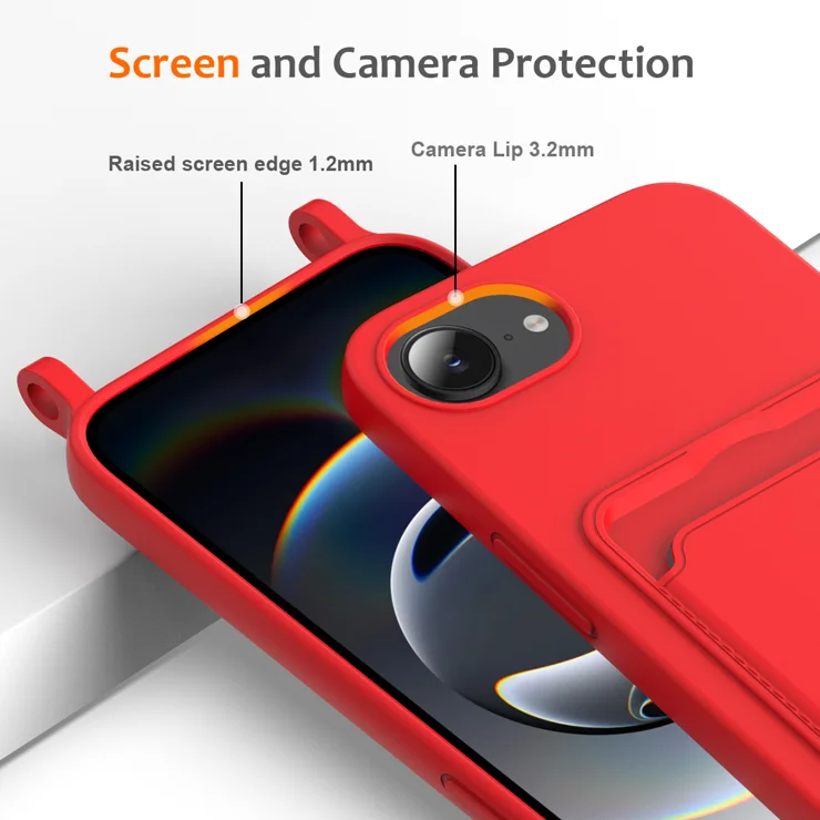 For iPhone 16e Case Liquid Silicone Card Holder Back Phone Cover with Lanyard - Red