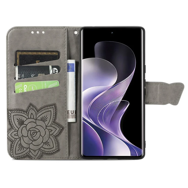 For Xiaomi Redmi Note 14 Pro 4G Case with Strap Butterfly Pattern PU Leather Wallet Phone Cover - Grey