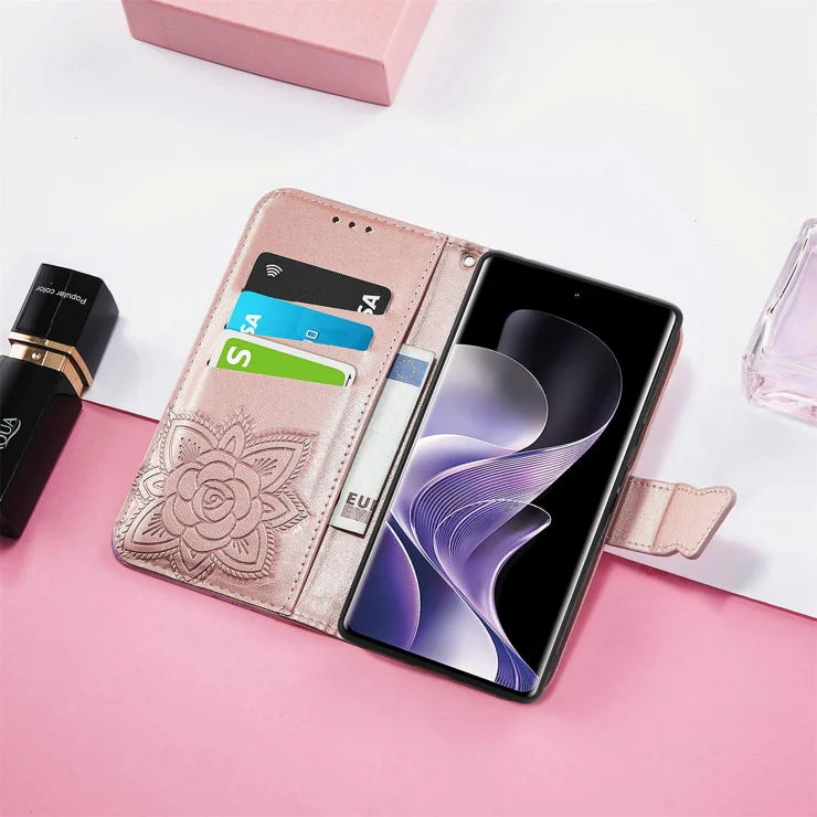 For Xiaomi Redmi Note 14 Pro 4G Case with Strap Butterfly Pattern PU Leather Wallet Phone Cover - Rose Gold