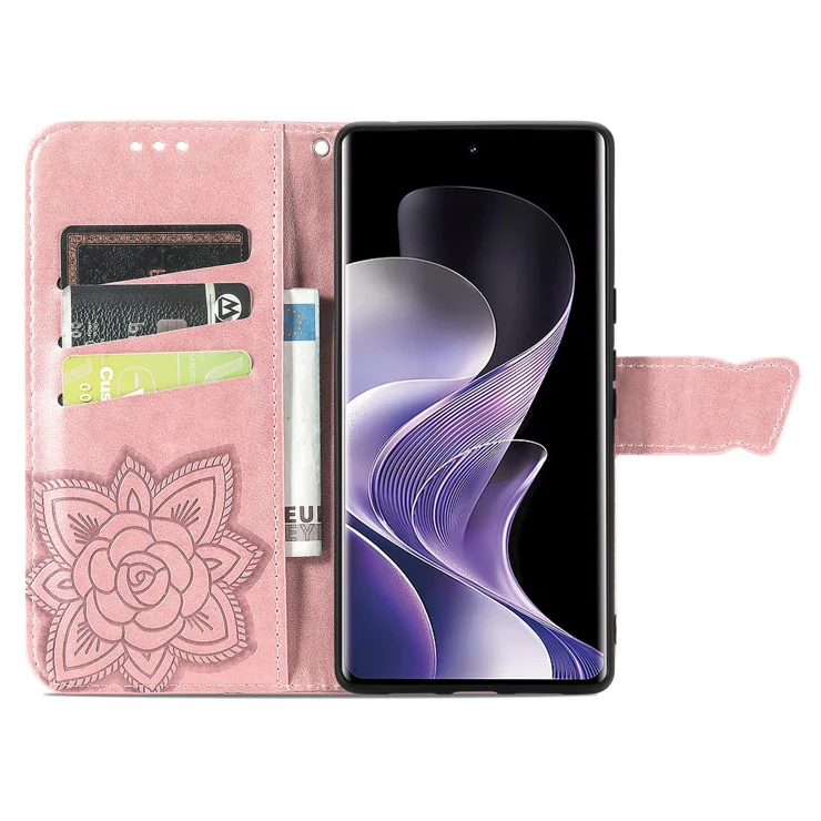 For Xiaomi Redmi Note 14 Pro 5G Case with Strap Butterfly Pattern PU Leather Wallet Phone Cover - Rose Gold