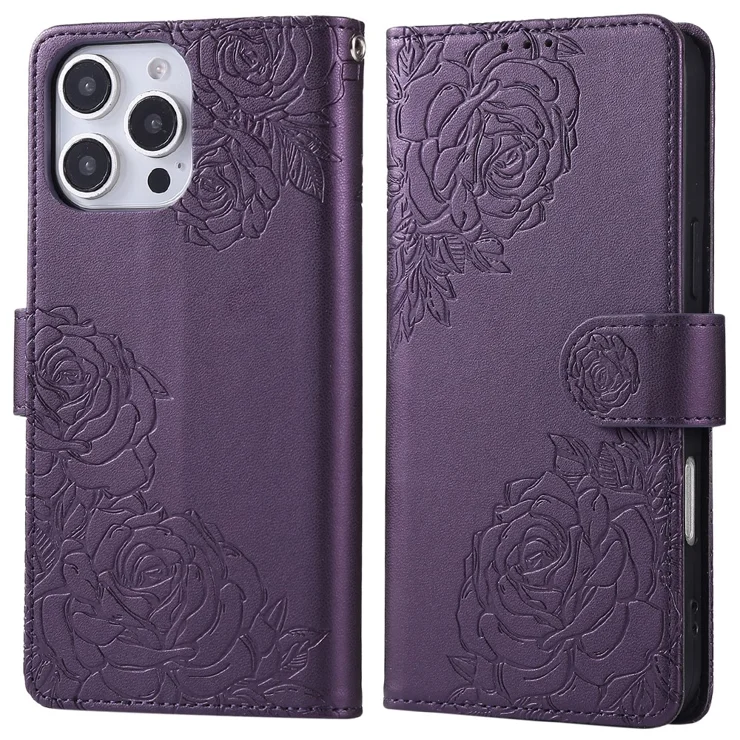 For iPhone 16 Pro Max Case Rose Flower Wallet PU Leather Phone Cover with 3  Card Slots - Dark Purple