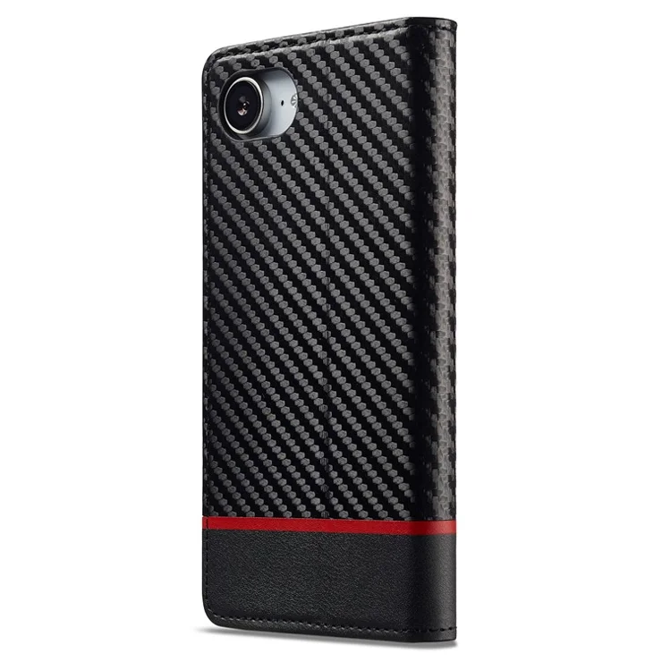 LC.IMEEKE For iPhone 16e Case Carbon Fiber Texture Phone Cover Stand Card Holder - Horizontal Stripe