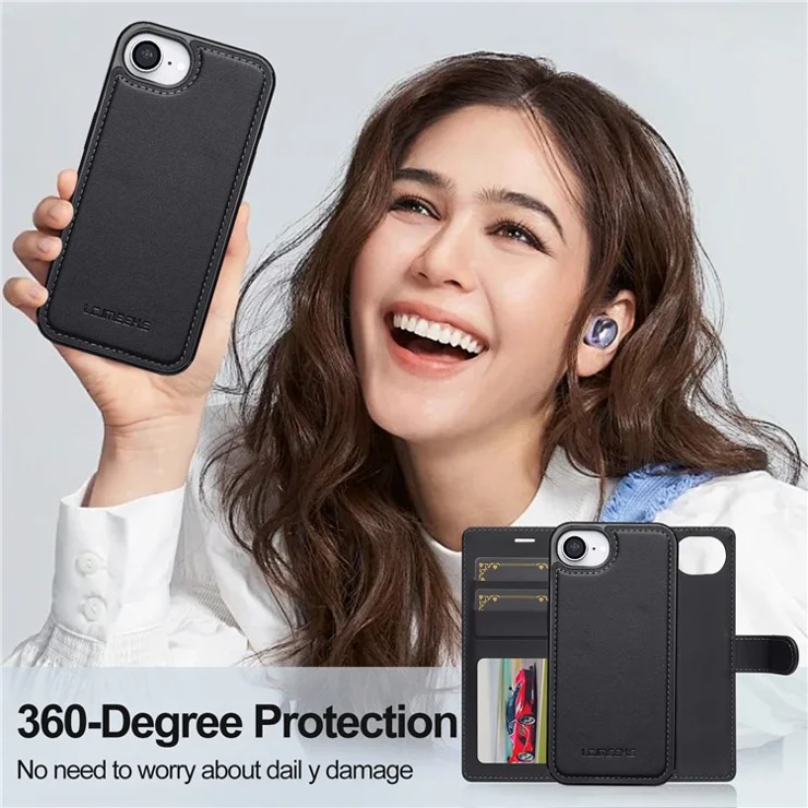 LC.IMEEKE L2 Series for iPhone 16e Case PU Leather Wallet Detachable Magnetic Phone Cover - Black