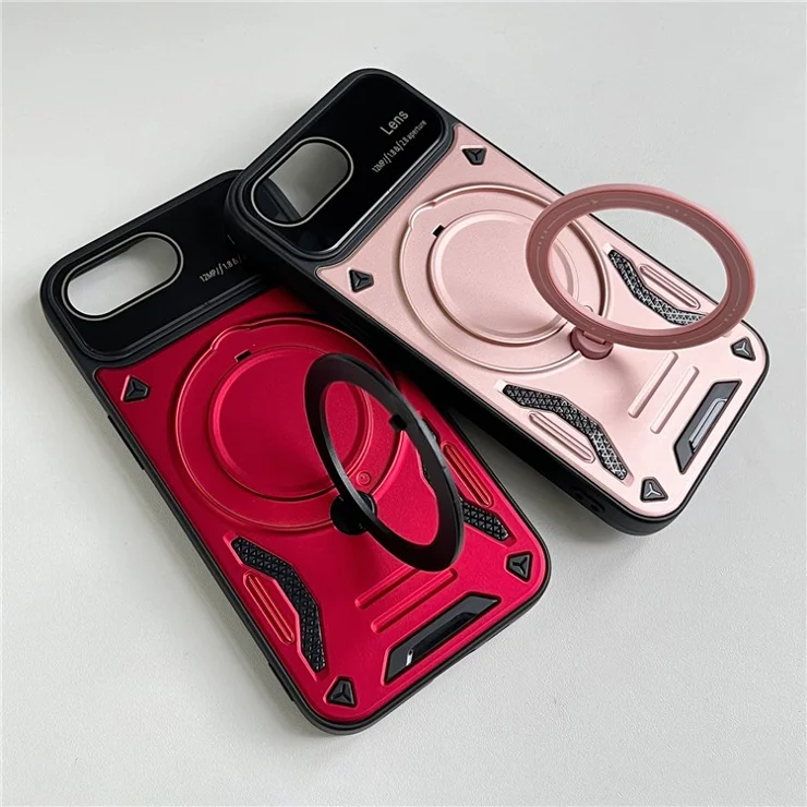 For iPhone 16e Case Rotating Magnetic Kickstand PC + TPU Phone Cover - Black