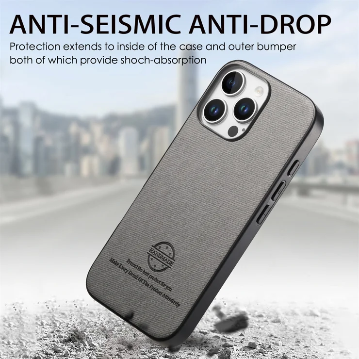 For iPhone 16 Pro Leather Phone Back Cover with Cloth Texture - Grey