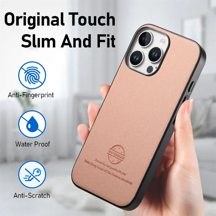 For iPhone 16 Pro Leather Phone Back Cover with Cloth Texture - Pink