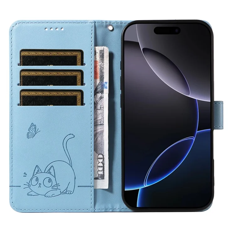 For iPhone 16 Pro Max Wallet Case Cat Pattern Imprint Leather Phone Cover with Wrist Strap - Sky Blue