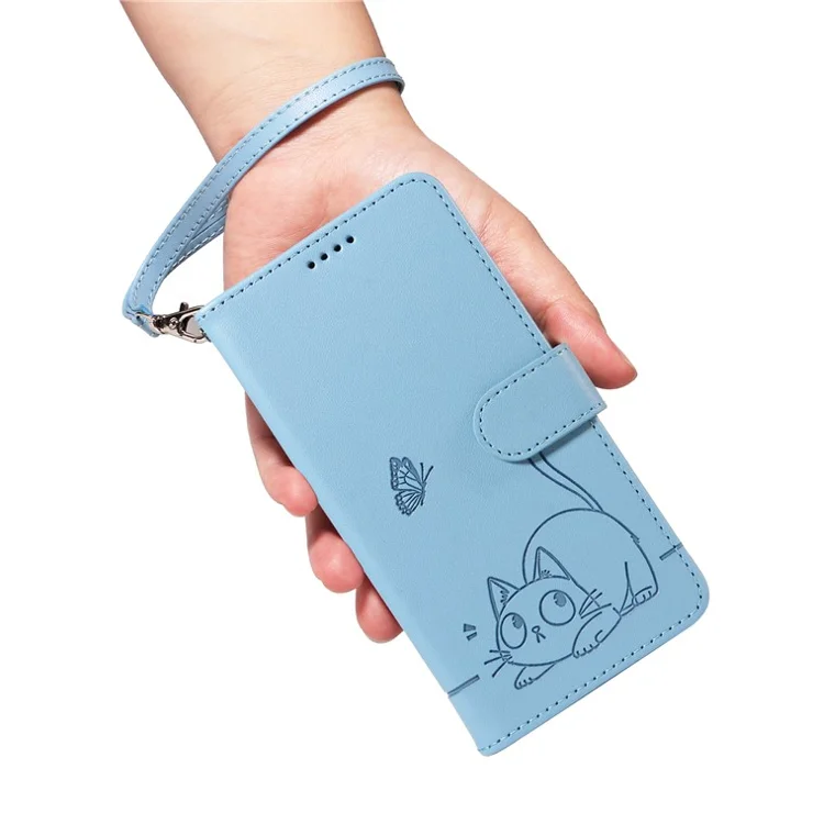 For Samsung Galaxy A06 5G / A06 4G Wallet Case Cat Pattern Imprint Leather Phone Cover with Wrist Strap - Sky Blue