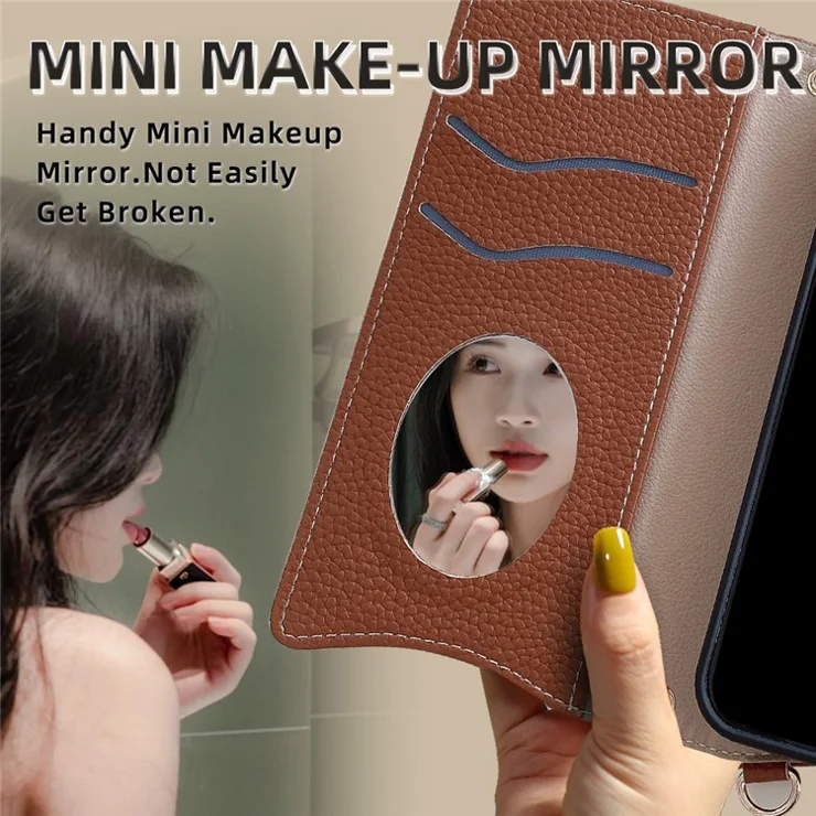 For Xiaomi Redmi Note 14 Pro 4G Wallet Case Fishtail Design Leather Phone Cover with Mirror / Stand / Strap - Brown