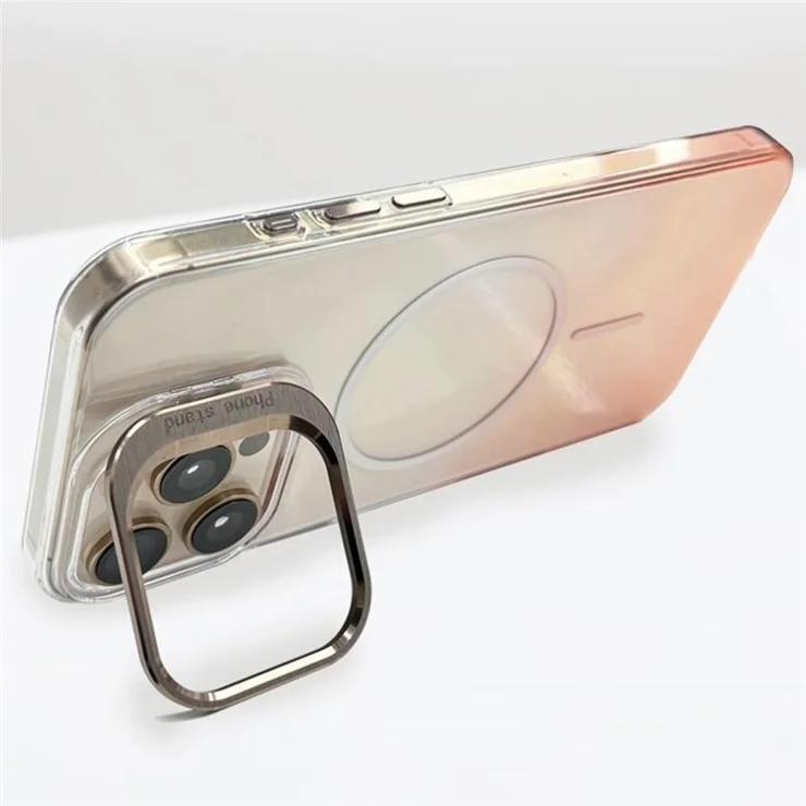 For iPhone 16 Pro Max Magnetic Case Gradient Color Hard PC Phone Cover Camera Lens Frame Kickstand - Pink