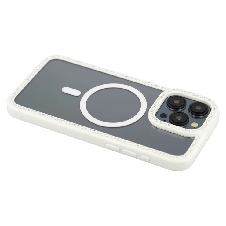 For iPhone 15 Pro Case Compatible with MagSafe Sparkling Rhinestone Decor TPU + PC Clear Phone Back Cover - White